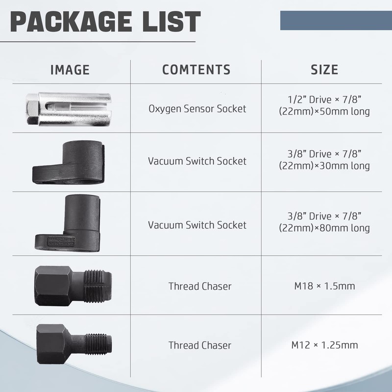 DASBET 5 Piece 3/8" Drive Oxygen Sensor Wrench Socket Set
