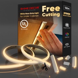 Shine Decor Under Cabinet Lighting Strip, Free Cuttable LED Silicone Neon Rope Hardwired 24V Anti-Glare Bright Cozy 252 Lumen for Indoor, Adhesive White Shell 2700K Warm 12” UL Certified, No Adapter