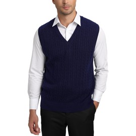 Kallspin Men's Knitted Vest Pulunder Sleeveless Cable Knit V-Neck Wool Blend, navy
