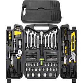 TLGREEN 95 Piece Tool Set, Tool Kit, Mechanics Tool Set, Portable Toolbox with Adjustable Wrench Pliers Socket Bits, with Plastic Toolbox Storage Case, for House Apartment Garage (Yellow)