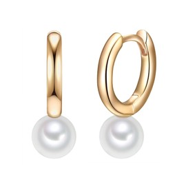 Valero Pearls Women's Creole Earrings Sterling Silver 925 Yellow Gold-Plated Freshwater Cultured Pearls White - Earrings for Women in Yellow Gold Colours with Freshwater Pearl, Silver