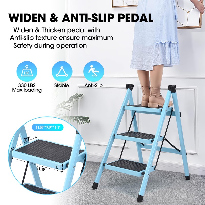 3 Step Ladder, Folding Step Stool for Adults, Lightweight Aluminum