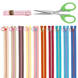 Glarks 12pcs 25cm/9.84in Nylon Resin Zipper with Lifting Ring Pull Set, 10 Colors Coil Zipper Close End with Zinc Alloy Ring Puller and Scissors, Soft Tape Measure Kit Sewing Zipper for Sewing Craft