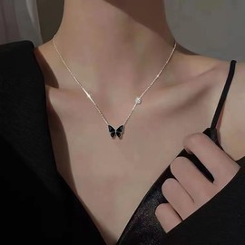 Atentuyi Boho Enamel Black Butterfly Pendant Necklace Silver Dainty Chain Simple Chain Minimalist Necklace Sparkly Cz Thin Choker Crystal Solitaire Necklace Jewelry for Women and Girls