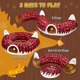 CORALMEE Cat Tunnel Christmas Tree Skirt, 3ft x 3ft x 9.8in Cat Tunnels for Indoor Cats, Buffalo Plaid Peekaboo Cat Tunnel Bed with Hanging Ball, Kitten Toys for Indoor Kittens Puppy Rabbit Ferret