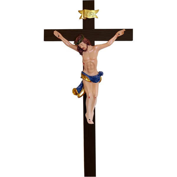 Kaltner Präsente Gift idea – 53 cm wall cross cross crucifix made of beech black with Jesus Christ figure made of artificial stone painted by hand