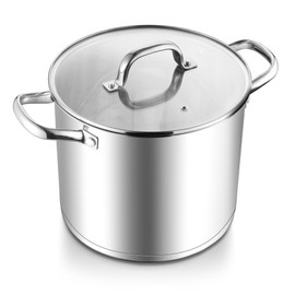 E-far 10 Quart Pot, Stainless Steel Stock Cooking Pot with Glass Lid for Soup Canning Stewing Simmering, Heavy Duty Large Cookware with Triply Base for Induction Gas Ceramic Stoves, Dishwasher Safe