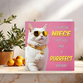 Niece Birthday Card - Purrfect Birthday - Funny Cat Birthday Card for Niece Bday 145mm x 145mm