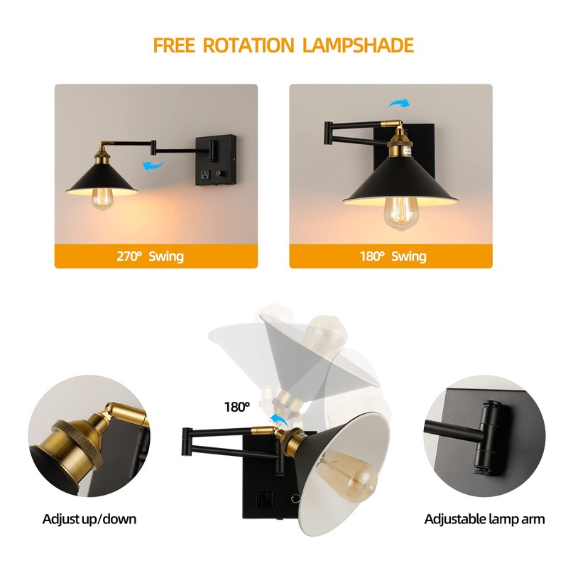 Bedside Wall Mount Light with Dimmable Switch and Outlet, Swing