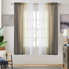 Ombre Faux Linen Sheer Curtains for Bedroom Living Room Rod Pocket, Privacy and Light Filtering, 2 Tone Reversible Gradient Voile Semi Window Curtains, Set of 2 Panels, Brown, 54 x 63 Inch Length
