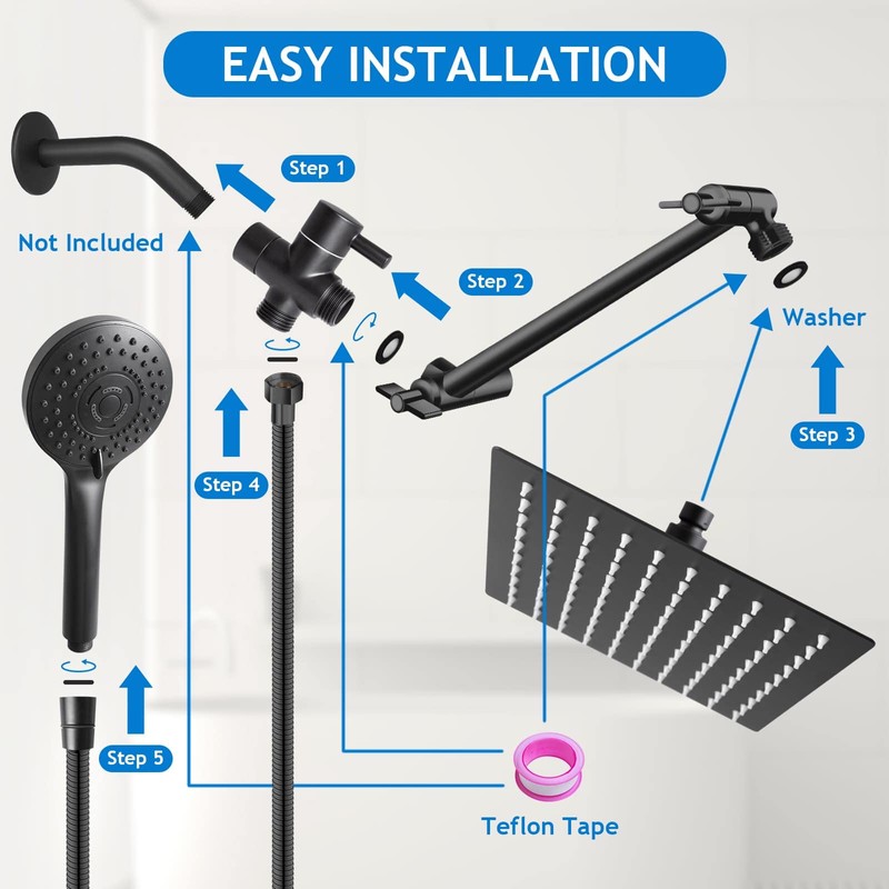 High/Low Pressure Water Rain Shower Head with 11 Inch Adjustable