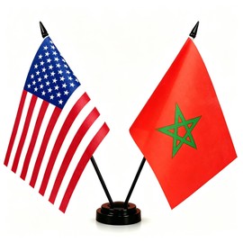 America & Morocco Friendship Twin Desk Flag, US Morocco Table Flags, 8 x 5 Inches American & Moroccan Deluxe Desk Flag Set - Miniature USA & Morocco Stick Flag with Flag Stand