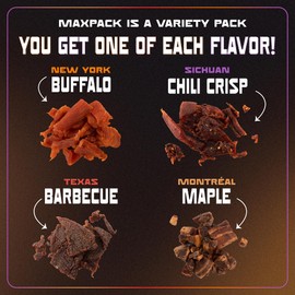 MaxJerky Jerky Variety Pack, Montreal Maple Bacon, Texas BBQ Beef Jerky, New York Buffalo Chicken Jerky, and Sichuan Chili Chicken Jerky (4 Pack)