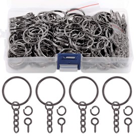 Swpeet 450Pcs 1 Inch 25mm Black Flat Key Chain Rings Kit, Including 150Pcs Split Keychain Rings with Chain and 150Pcs Jump Ring with 150Pcs Screw Eye Pins Bulk for Jewelry Findings Making