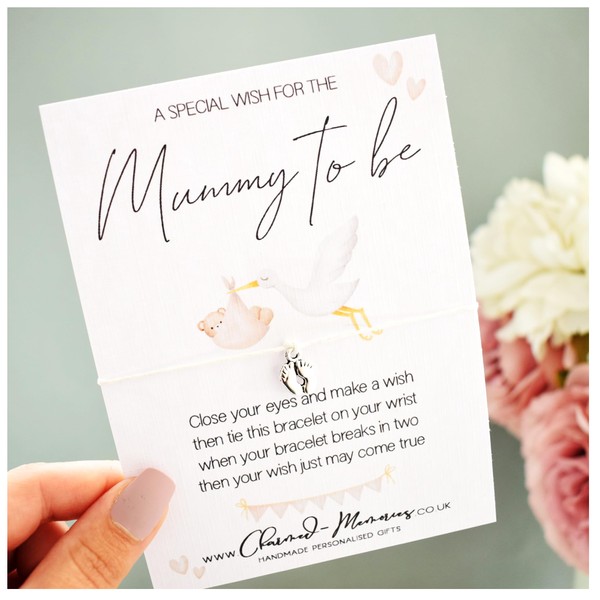 Mummy To Be Wish Bracelet. Cute Stork & Baby. Neutral