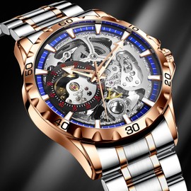 GLENAW Men's Flywheel Automatic Watch Men's Skeleton Watch Men's Waterproof Watch Steel Band Skeleton Self-Winding Mechanical Watch (8859-GOLD Blue)