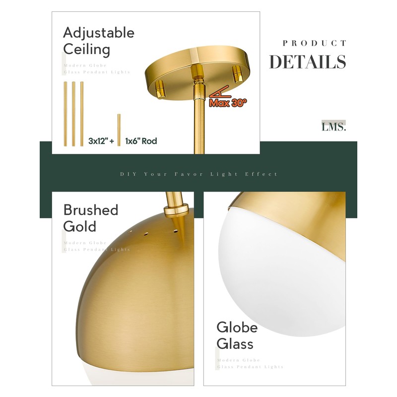 LMS Modern Pendant Lighting Gold Globe Pendant Light Fixture, Mid