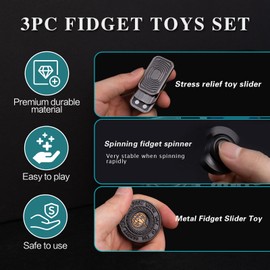 Fidget Toys Adults Set, Metal Fidget Slider, Spinner and Haptic Coin, Decompression Metal EDC Cool Figette Toys for Adults Anxiety Relieve Stress, Greater Focus(Black)