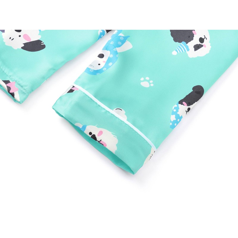 Beezizac Girls Pajama Sets Green Dogs Satin Silky Long Sleeves