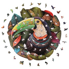 Mys Aurora Toucan Wooden Puzzles for Adults, Colorful Bird 200 Piece Unique Shaped Tropical Leaves Jigsaw Puzzle, Jungle Forest Home Decor & Family Game Gift, 11.2 x 11.2 Inches