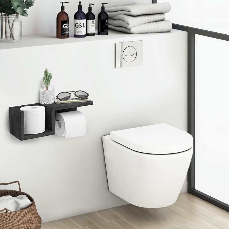 Wooden Black Toilet Paper Holder with Shelf - Wall Mount