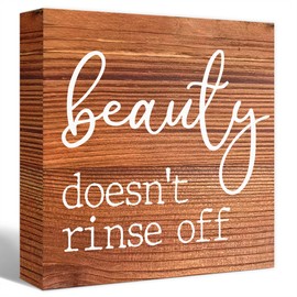 Fun Rustic Wood Sign - Beauty Doesn't Rinse Off - Wooden Block for Bathroom, Toilet, Restroom, Home Tabletop Decor