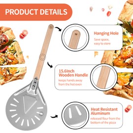 VIKEWE Turning Pizza Peel, 10 Inch Round Aluminum Metal Non-slip Perforated Pizza Paddle with 15.6 Inch Wooden Handle for Homemade Pizza Bread Bakers