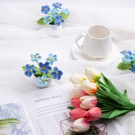 MAIBAOTA Gradient Blue Forget Me Not Crochet Flowers Knitted Handmade Flower Potted Plants Bouquet Artificial Faux Flowers Home Office Desk Decor Decorations Birthday Teachers' Day Gifts for Women