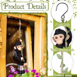 Rossesay Solar Light Outdoor Statues 7.48'' H Resin Chimpanzee Baby Monkey Climbing On A 19.68" L Vine with LED Lantern Waterproof Hanging Monkey Figurine with Hook for Yard Garden Wall (Black)