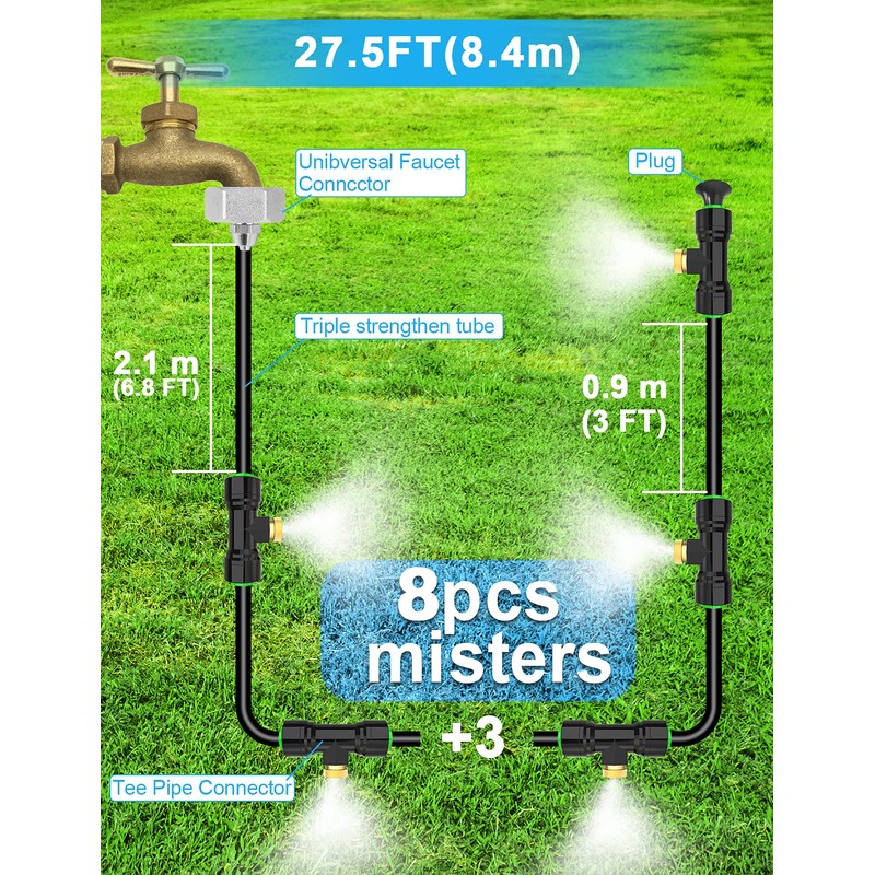 Lekit Misters for Outside Patio 27.5FT(8.4M)+8 Brass Mist Nozzles+a Brass