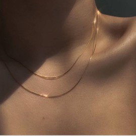 Set of 2 14k snake 1mm silver necklace layered choker style / 2개세트 14k 스네이크 1mm 은 목걸이 레이어드 초커 스타일