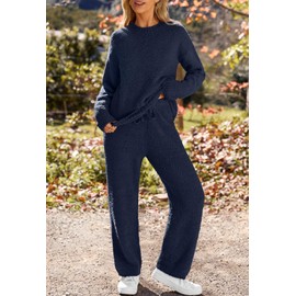 MEROKEETY Long Sleeve Top and Pants Matching Two Piece Outfits Soft Cozy Warm Sleepwear for Women, Navy, Large