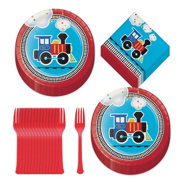 Train Theme Party Supplies - All Aboard Paper Dessert Plates, Beverage Napkins, and Forks (Serves 16)
