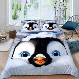 ALABOW Penguin Bed Linen Set 135 x 200 cm 2-Piece with Zip Soft and Comfortable Sleeping Comfort Microfibre Duvet Cover Winter Theme Children's Bedding with Pillowcase 80 x 80 cm