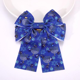 Vokone Hanukkah Hair Bows for Women Star of David Menorah Hair Bows Clip Jeweled Crystal Satin Bow Barrette Hair Clip Jewish Holiday Hair Accessories Gifts Menorah Print