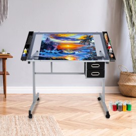 Segawe Rolling Drawing Drafting Table Tempered Glass Art Craft Work Station Painting