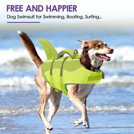 SUNFURA Dog Life Jacket - Shark Dog Life Vest for Swimming Boating, Reflective Lifejacket with High Buoyancy and Rescue Handle, Adjustable Lifesaver for Small Medium Large Breeds, Green M