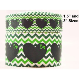 1.5'  Wide St. Patrick's Day Green Hearts Chevron with Shamrocks Hearts Printed