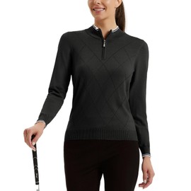 JACK SMITH V Neck Sweater Women Black Knit Ribbed Polo Tennis Pullover Long Sleeve Argyle Winter 1/4 Zip Collared Top XL