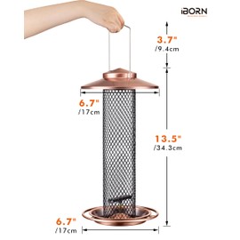 iBorn Peanut Bird Feeder,Sunflower Seed Feeder,13.5 Inch Metal Mesh Tube Bird Feeders for Outdoors Hanging,Squirrel-Proof Birdfeeders for Peanut with 17cm Weatherproof Roof & Tray,2 LB Capacity,Copper