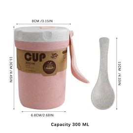 LZYMSZ 2PCS Wheat Straw Soup Cup, 300ml Portable Microwaveable Breakfast Cup, 2 Colors Porridge Lunch Box with Spoon for School Office Outdoor Travel Student (Blue and Pink)