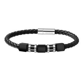 Van Heusen Men Braid Leather Bracelet with Three Stainless Steel Ornaments (Black, Stainless Steel)