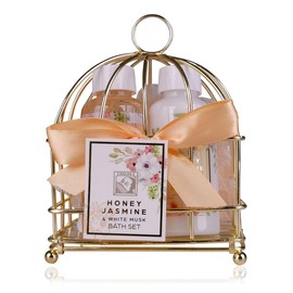 Set regalo Accentra HONEY JASMINE per donna in cestino di metallo, set di 3 prodotti per la cura del corpo con gel doccia, lozione per il corpo e spugna da bagno, regalo benessere per il compleanno