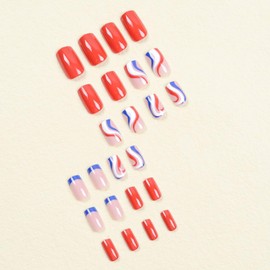 4th of July Press on Nails Short Square Fake Nails French Tip False Nails Red White Blue Waves Artificial Nails Full Cover Acrylic Nails Glossy Glue on Nails Independence Day Stick on Nails for Women