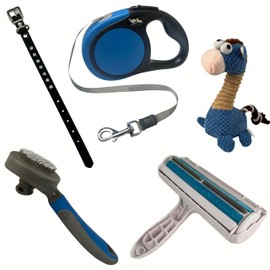 Puppy Supplies Starter Kit, 5 pc Set, Retractable Leash, Studded Leather Collar, Pet Grooming Brush, Pet Hair Removal Roller, Squeaky Plush Toy, Dog and Puppy Gift Set, Blue ({SMALL})
