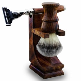 Haryali London Mens Wooden Double Edge Safety Razor and Shaving Brush Stand Holder Grooming Set