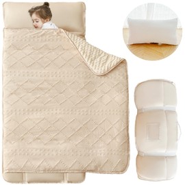 Toddler Nap Mat with Pillow and Blanket Boho Tufted Geometric Kinder Nap Mats for Toddler Girls Boys Preschool Daycare Kids Sleeping Mat Pad Portable Sleeping Bag for Travel Camping Beige