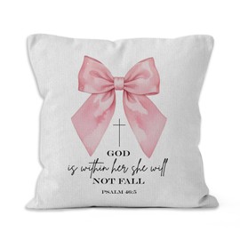 VRW Coquette Pink Bow Christian Throw Pillow Covers 18x18, God Is Within Her She Will Not Fall Bible Verse Decorative Pillow Covers for Girls Room Bedroom Dorm, Preppy Accent Pillows Cover Pillowcases