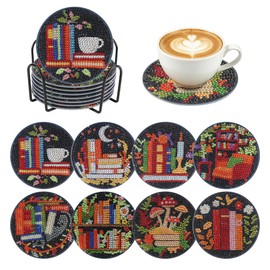 8 Pack Bookshelf Diamond Art Coasters with Holder