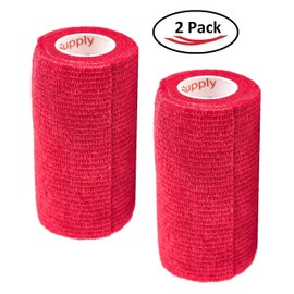 Vet Wrap Tape (Red) (2 Pack) (4 Inch x 15 feet) Self Adhesive Adherent Adhering Cohesive Flex Self Stick Bandage Grip Roll Dog Cat Pet Horse